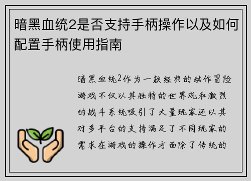 暗黑血统2是否支持手柄操作以及如何配置手柄使用指南