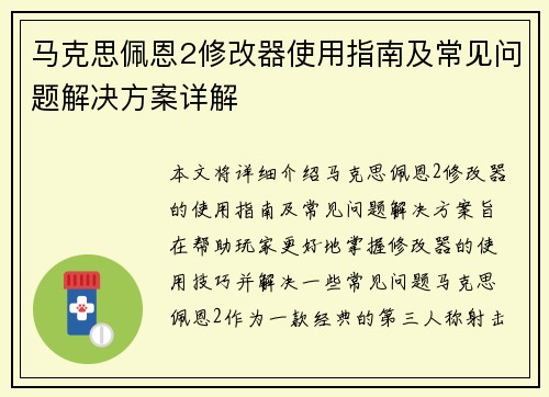 马克思佩恩2修改器使用指南及常见问题解决方案详解